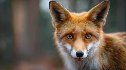 Obraz premium Direct gaze of a red fox against a warm, blurred forest backdrop
