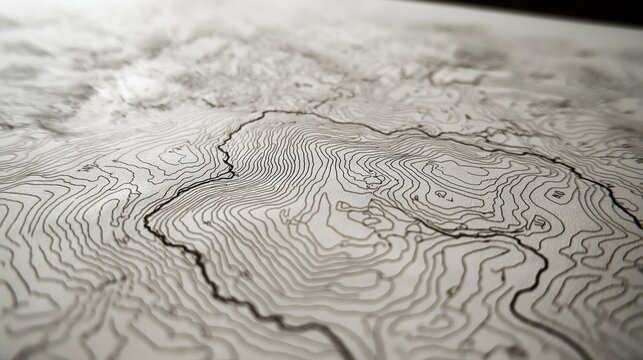 Detailed close up of vintage topographic map with raised mountains and dense contour lines showing valleys ridges and winding trails