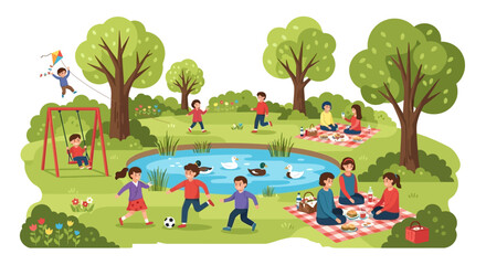 Naklejka premium Happy children and families enjoying outdoor activities in a park with a pond and trees