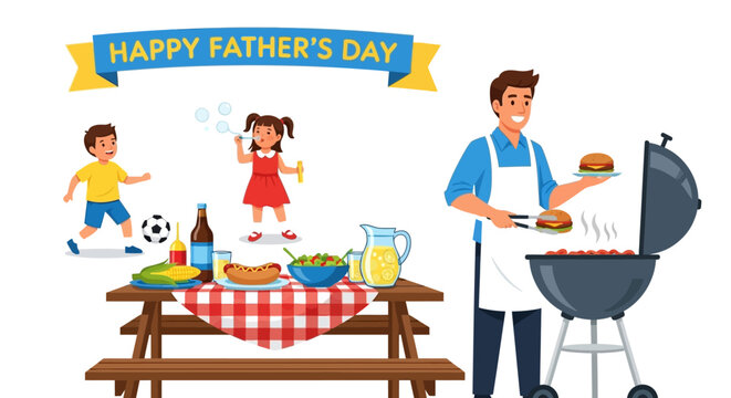 Happy Father's Day family barbecue picnic illustration with dad grilling burgers and kids playing