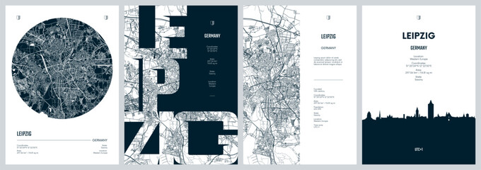 Set of travel posters with Leipzig the most populous city in the German state of Saxony, detailed urban street plan city map, Silhouette city skyline, vector artwork © max_776