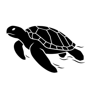 A minimalist black silhouette of a sea turtle swimming gracefully through the deep ocean waters isolated on transparent background, Vector