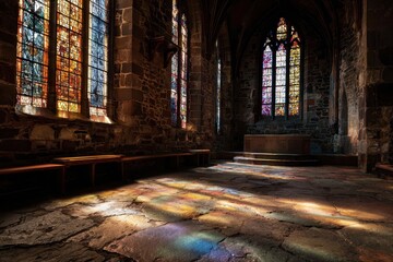 Obraz premium Church interior bathed in colored light from stained glass windows, dramatic beams across a dark nave
