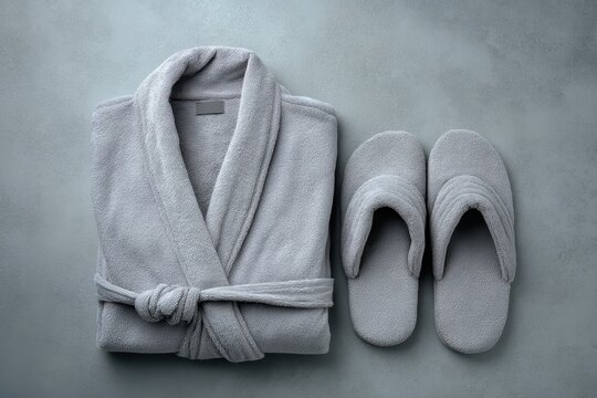 Minimal flat lay: neat robe and cozy slippers on a neutral grey surface