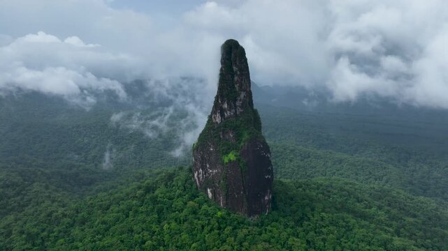 Pico C&atilde;o Grande, volcanic plug peak on S&atilde;o Tom&eacute; and Pr&iacute;ncipe, drone perspective