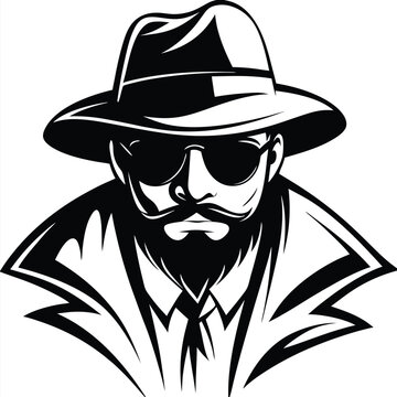 Mysterious bearded man wearing sunglasses and hat, depicted in black and white icon style