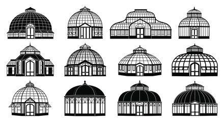 A collection of ornate victorian greenhouses presented in a striking black silhouette high quality professional detailed modern elegant stylish clean crisp © mrvect02