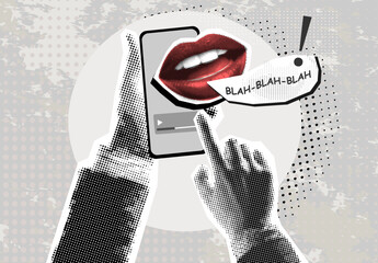 Fototapeta premium Trendy Halftone Collage Hand holding Phone with speaking Mouth. Social media promotion and communication. Online project and creative ideas. Conceptual surreal illustration. Contemporary art