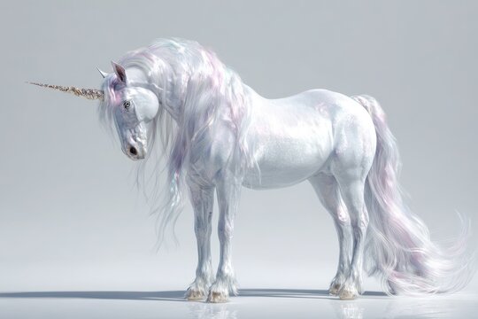 Elegant fantasy unicorn standing on a seamless white backdrop, glossy coat, iridescent horn and soft lighting