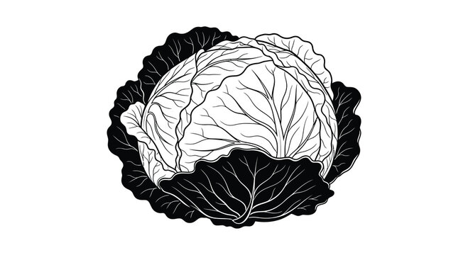 A detailed black and white illustration of a cabbage with intricate veining and leaf textures presented as a silhouette high quality