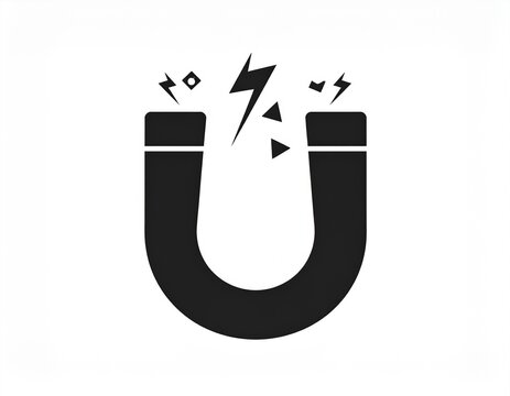 Magnet icon displays a powerful U-shaped metal core generating intense electrical energy sparks, symbolizing strong attraction, scientific physics, and magnetic force in a minimalist graphic style.