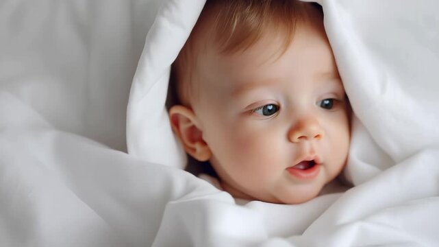 Cute baby wrapped in soft blanket on white sheet with curious expression during peaceful indoor setting