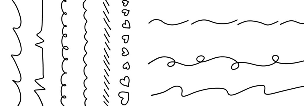 Collection of doodle paragraph dividers or page endings. Heart shaped, zig zag, curvy, irregular slanted lines, wavy, broken lines of various types and sizes in black color transparent png elements