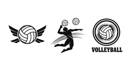 A dynamic volleyball graphic showcases a jumping player balls with wings and a circular emblem a striking silhouette high quality © mrvect02