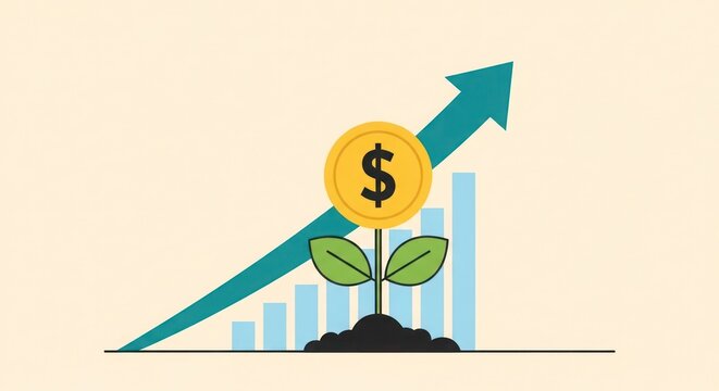 A growing plant with a dollar coin on top shows financial growth with an upward trend.