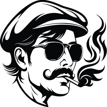 Portrait of cool man smoking with sunglasses and hat in is very stylish