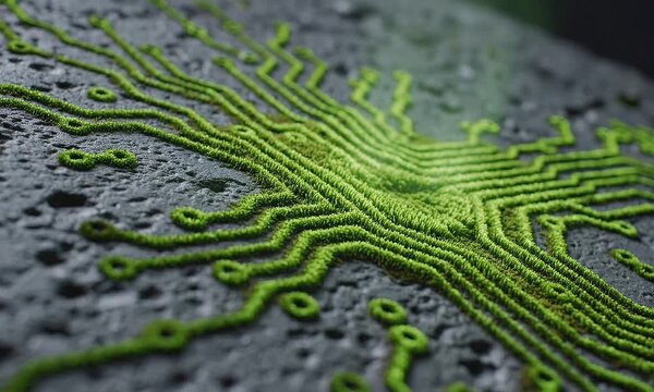 Vibrant green circuit board pattern crafted from natural moss on a textured dark surface.