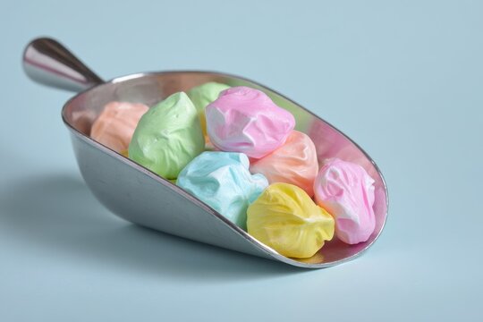 Isolated scoop of pastel salt water taffy candies with glossy texture in studio lighting
