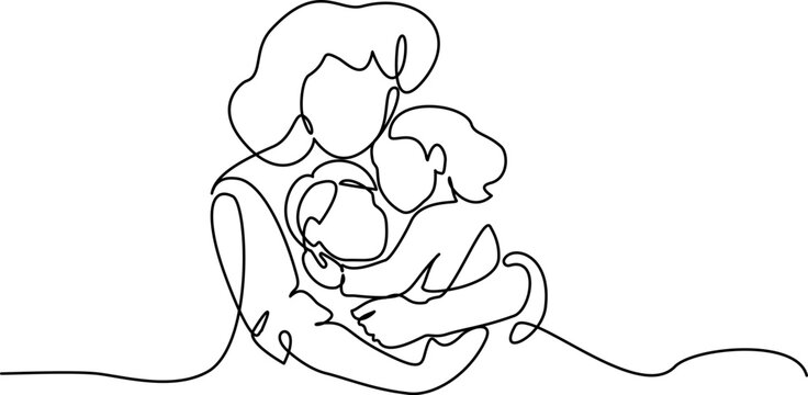 Mother hug her two children. Continuous one line drawing. Line art style hand drawn