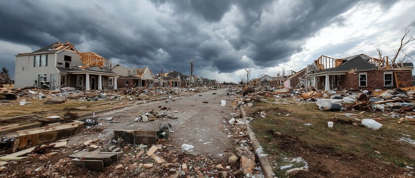 Suburban street shows damage from tornado storm in a small town with houses destroyed and debris scattered