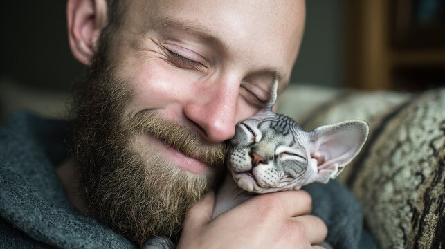 Close-up portrait of a smiling man embracing a Devon Rex cat in a home setting
