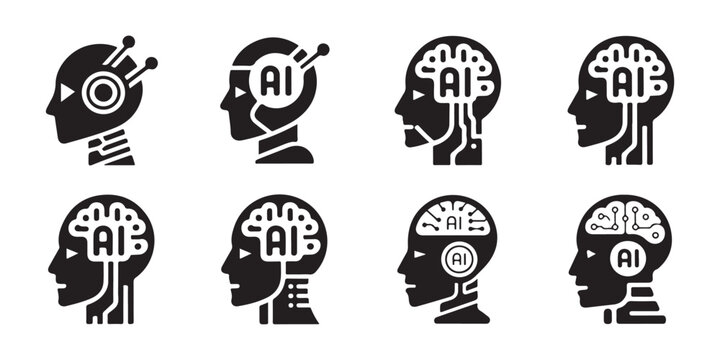 Artificial Intelligence Robot Heads Profile Icons Set. with AI Circuitry. Modern technology flat design vector illustration.
