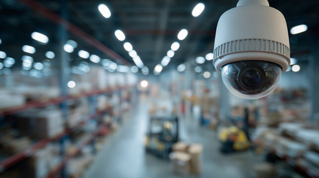 White dome CCTV camera inside large warehouse with blurred storage shelves and logistics activity, modern indoor surveillance security monitoring concept