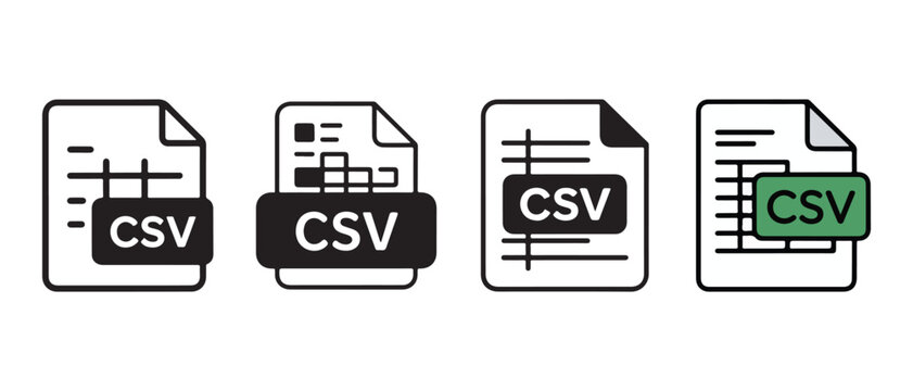 Set of CSV file icons, presented in a clean flat design style for data format documents, vector illustration.
