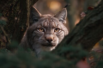 Obraz premium Close-up portrait of a lynx concealed among tree branches in a forest
