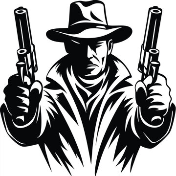 Silhouette of a menacing man in a hat and trench coat holds two guns vigilantly