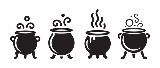 Black Cauldron Icons Set. with Bubbling Potions and Steaming Elixirs. Simple graphic illustrations for magic and Halloween themes. © CreatetiveDesignX