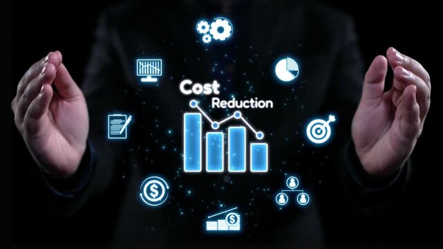 A captivating visual of hands presenting a cost reduction concept featuring a graph, data icons, and business strategy elements aimed at encouraging financial growth and efficiency. Qubit