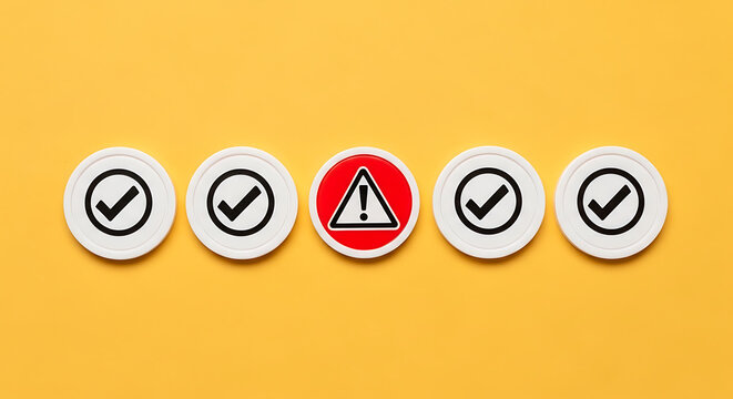 Operational Risk and Supply Chain Fragmentation Concept with Warning Symbol Among Approval Checkmarks on Yellow Background, Business Continuity, Compliance Failure, Process Vulnerability