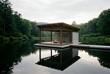 Obraz premium Zen meditation pavilion on reflecting pool