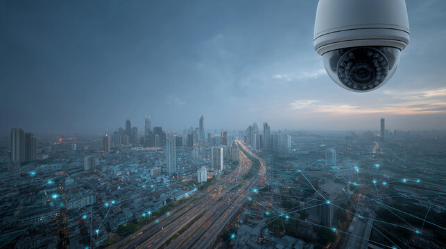 Smart dome CCTV camera overlooking modern city skyline at dusk with digital network connections, urban surveillance technology and smart city security concept