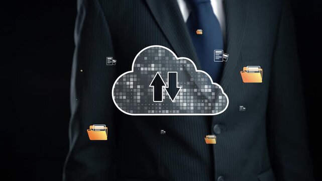 This image portrays a professional setting showcasing a cloud storage concept, featuring abstract icons of folders and data transfer, representing modern file management. Qubit