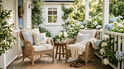 Fototapeta premium Cozy wicker chairs on a sunlit porch surrounded by blooming hydrangeas