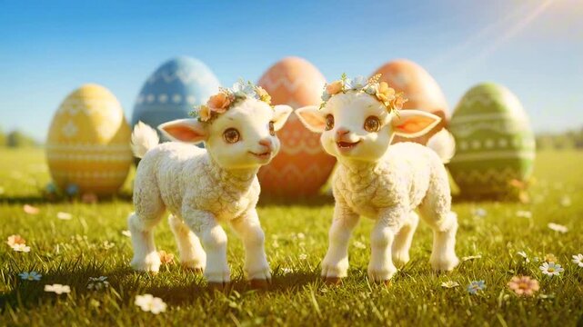 Two playful lambs with flower crowns frolic in a sunny meadow surrounded by colorful Easter eggs, showcasing joyful interaction and vibrant spring scenery