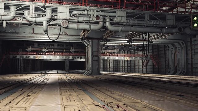 Concealed underground tunnel featuring exposed piping and ducts, Dark underground passageway with uncovered pipes and overhead ventilation channels