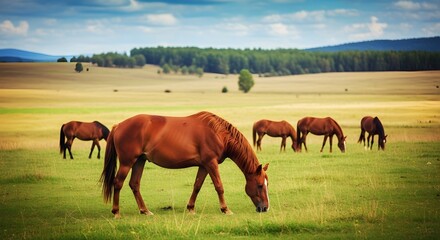 Obraz premium Horses grazing in a serene meadow landscape