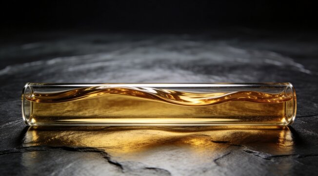 Premium molten gold flow in glass cylinder, photorealistic luxury B2B financial visualization with cinematic lighting and dark reflective background, corporate presentation ready, abstract liquid asse