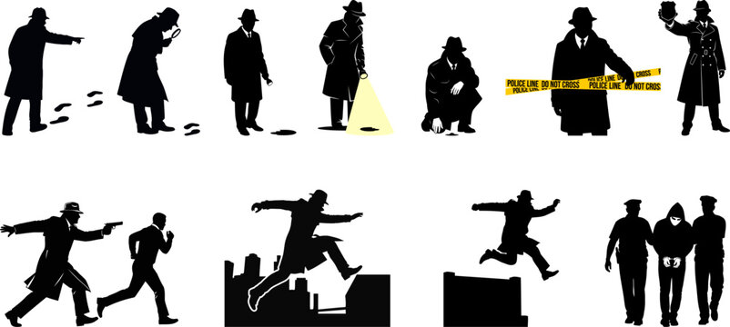 Detective investigation and crime scene police silhouette collection