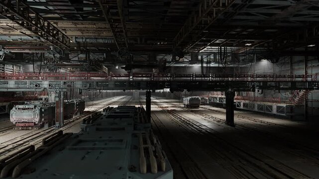 Bright midday logistics core with trains arranged across multiple tracks, clear sightlines under industrial ceiling, atmosphere of organized transit