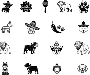 Fototapeta premium Black and white dog icons with sombreros and mexican symbols