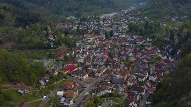 Aerial view of the city Sch&ouml;nau 69250 in Germany on a sunny spring day 