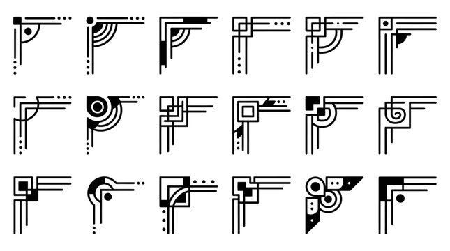 Geometric corner border set | Minimalist black line art frames for page decoration | Abstract architectural vector elements isolated