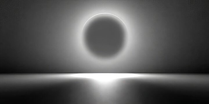 Abstract grayscale scene with glowing circular halo above reflective water surface on dark gradient background, suited for branding, tech, meditation, and editorial mood imagery