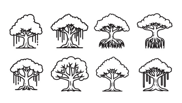 Collection of stylized banyan trees with aerial roots and branches vector outline illustrations