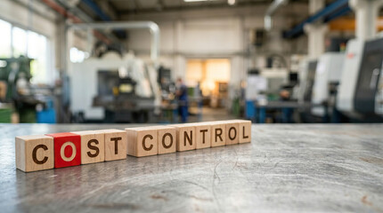 Fototapeta premium Cost control concept with wooden blocks on metal table in industrial factory environment, emphasizing financial management and efficiency in manufacturing processes