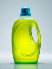 Plastic bottle with bright dishwashing liquid on white background, clean minimalist design, household cleaning supplies